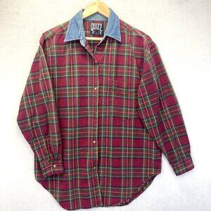 Vintage 90s Quizz Jeans Button Up Shirt Mens Medium Red Plaid Denim Collar